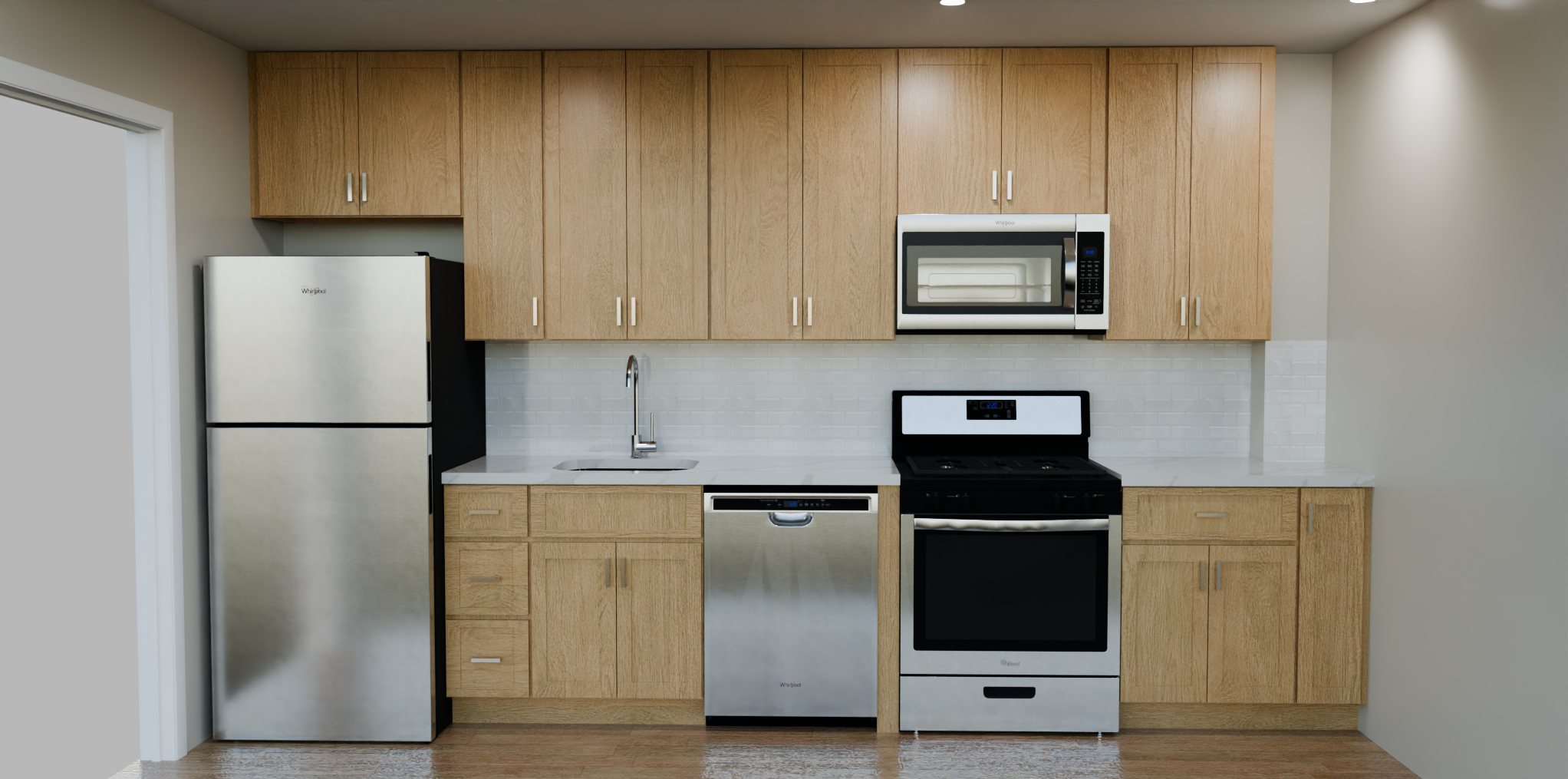 A kitchen with wooden cabinets and stainless steel appliances.